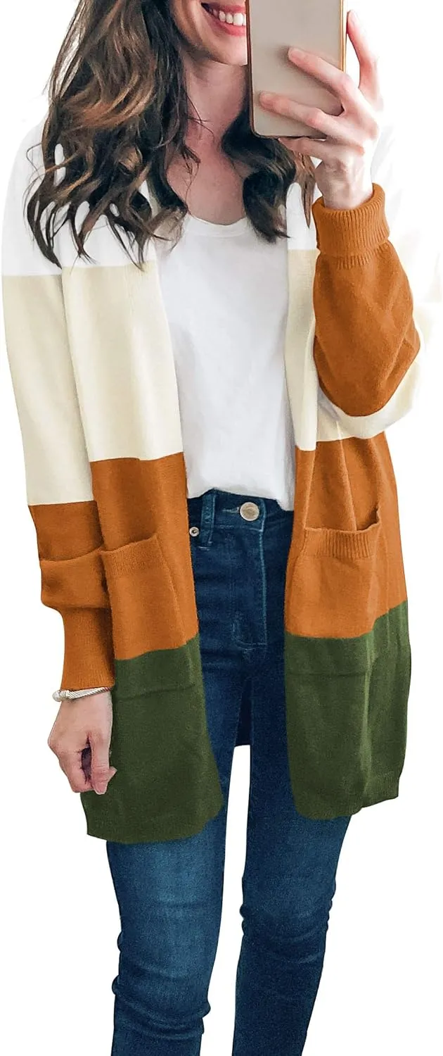 TASAMO Womens Color Block Striped Draped Kimono Cardigan Long Sleeve Open Front Casual Knit Sweaters Coat Soft Outwear