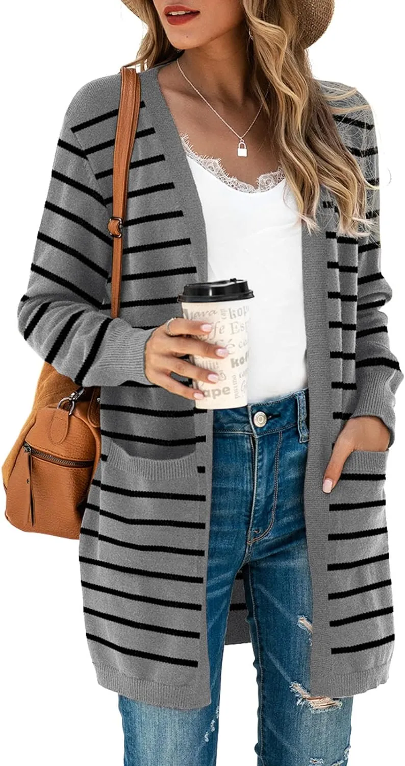 TASAMO Womens Color Block Striped Draped Kimono Cardigan Long Sleeve Open Front Casual Knit Sweaters Coat Soft Outwear