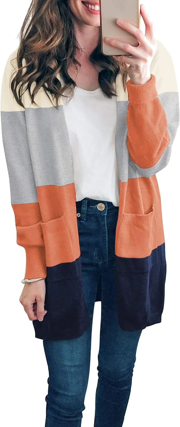 TASAMO Womens Color Block Striped Draped Kimono Cardigan Long Sleeve Open Front Casual Knit Sweaters Coat Soft Outwear