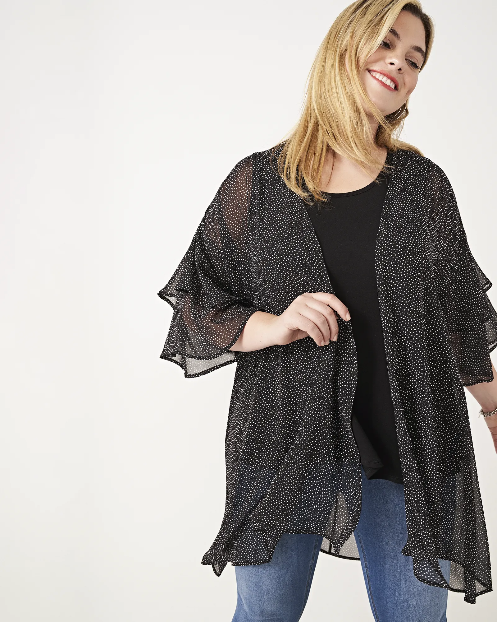 Taylor Ruffle-Sleeve Kimono | Charcoal Grey / White