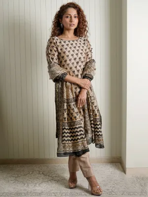 Women Chanderi Printed Boatneck Regular Fit Suit Set Beige