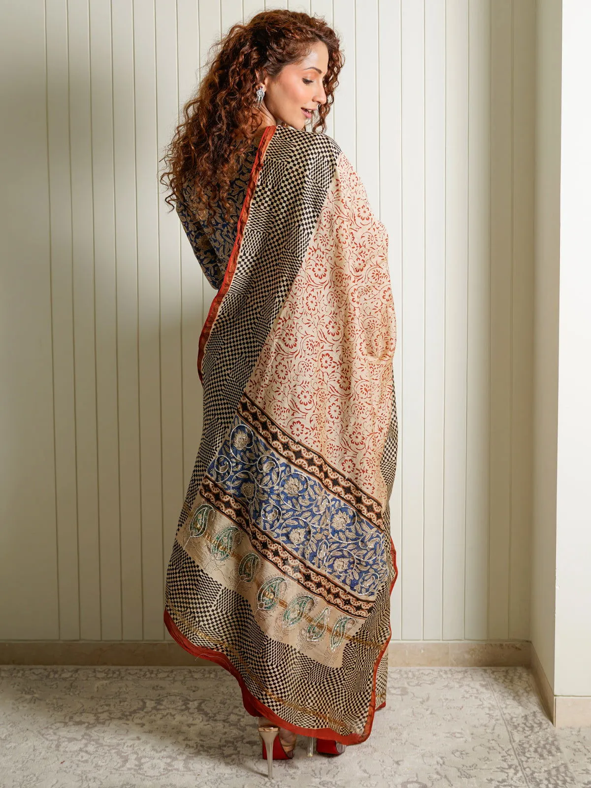 Women Chanderi Printed Uneck Regular Fit Suit Set Blue