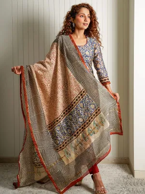 Women Chanderi Printed Uneck Regular Fit Suit Set Blue