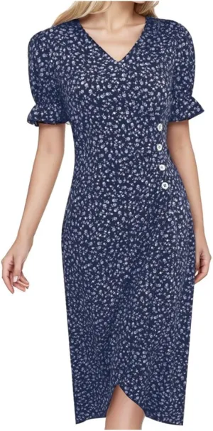 Women's Bohemian Floral Printed Short Sleeve Summer Dress Wrap V Neck Beach Flowy Irregular Hem Slit Midi Dresses