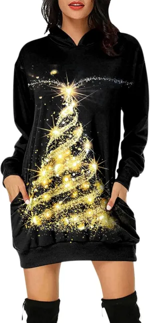 Womens Christmas Hoodie Dress Merry Christmas Shine Wine Glass Print Long Sleeve Pullover Mini Dress with Pocket Xmas Hoodie