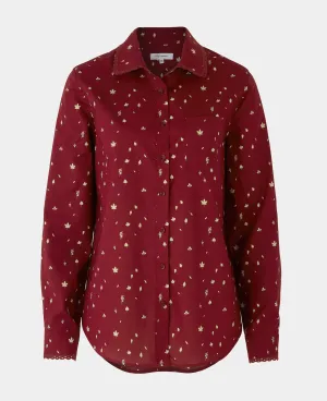 Women's Deep Red Leaf Print Semi Fitted Shirt