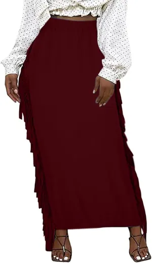 Women's Fringe Maxi Skirts Side Tassels Slim Bodycon Skirts Plus Size Elastic High Waist Long Pencil Skirts