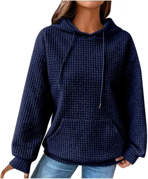 Womens Hoodies Casual Long Sleeve Drawstring Waffle Pullover Tops Loose Hooded Sweatshirt with Pocket