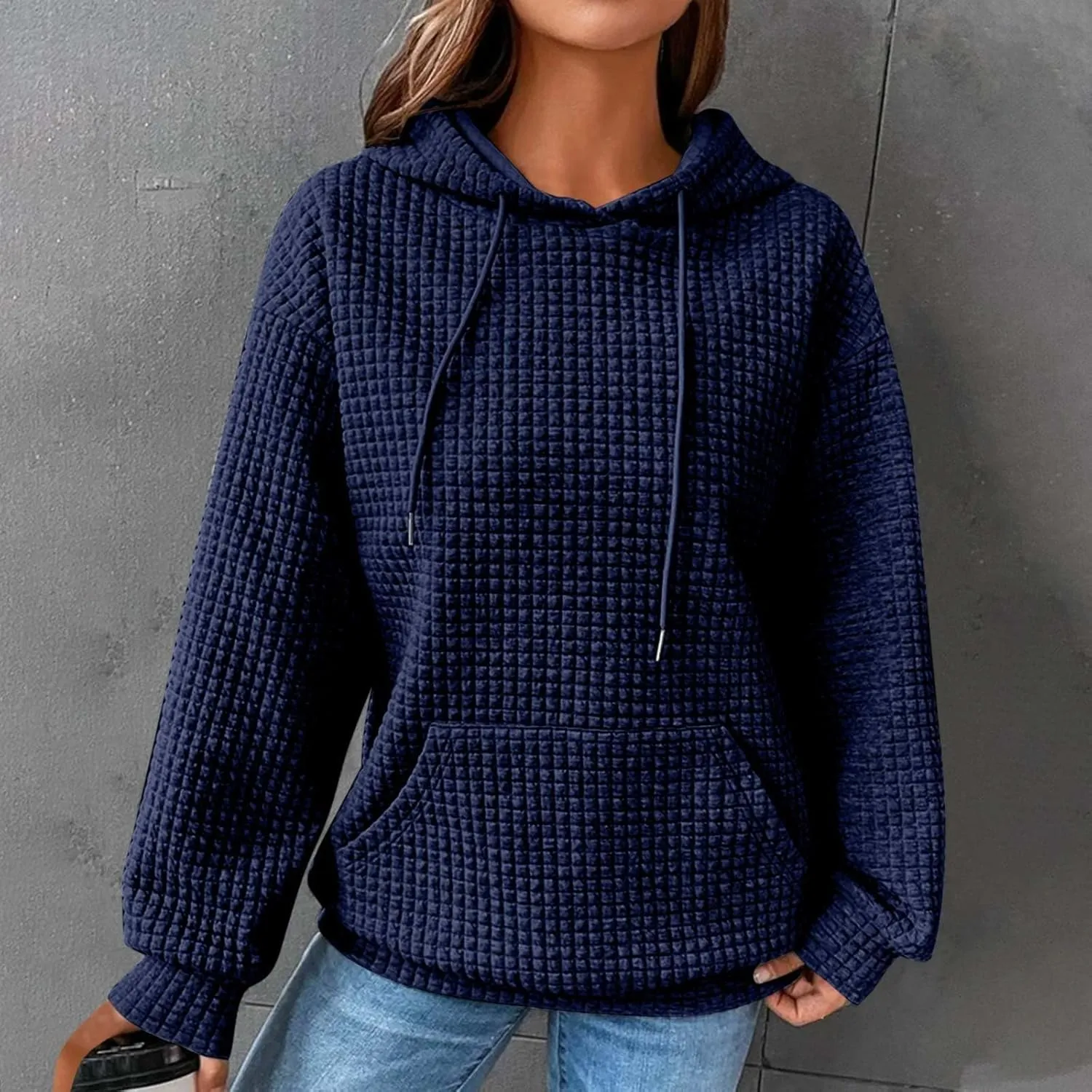 Womens Hoodies Casual Long Sleeve Drawstring Waffle Pullover Tops Loose Hooded Sweatshirt with Pocket