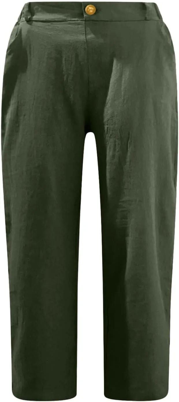 Women's Summer Flowy Linen Palazzo Wide Leg Pants Plus Size High Waist Pant High Slit Trousers with Pockets
