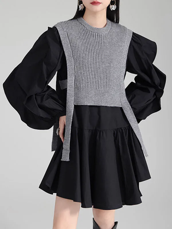xakxx Long Sleeves Loose Ruffled Split-Joint Round-Neck Inner Mini Shirt Dress   Outer Vest Two Pieces Set