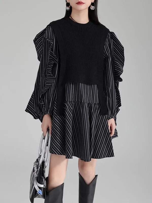 xakxx Long Sleeves Loose Ruffled Split-Joint Round-Neck Inner Mini Shirt Dress   Outer Vest Two Pieces Set
