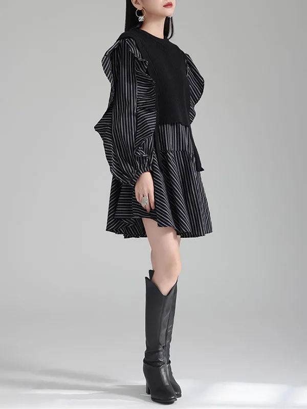 xakxx Long Sleeves Loose Ruffled Split-Joint Round-Neck Inner Mini Shirt Dress   Outer Vest Two Pieces Set