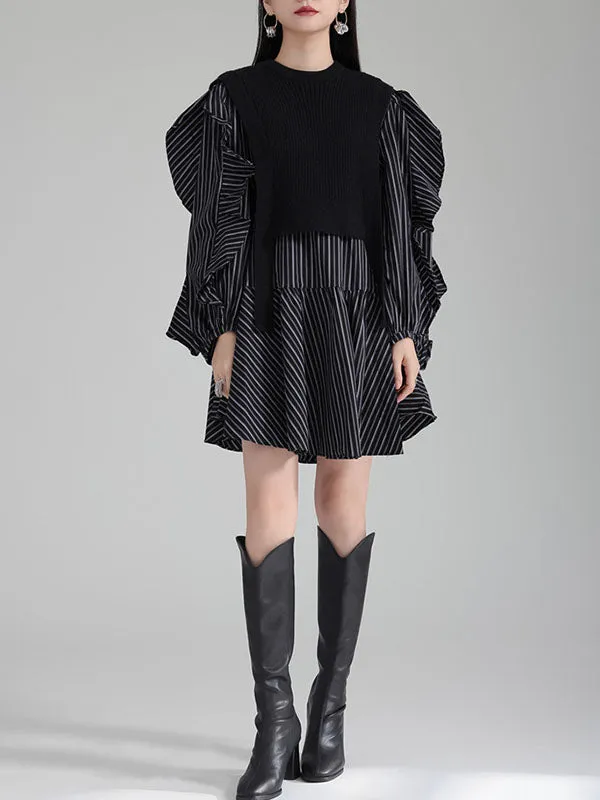 xakxx Long Sleeves Loose Ruffled Split-Joint Round-Neck Inner Mini Shirt Dress   Outer Vest Two Pieces Set