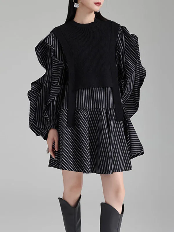 xakxx Long Sleeves Loose Ruffled Split-Joint Round-Neck Inner Mini Shirt Dress   Outer Vest Two Pieces Set