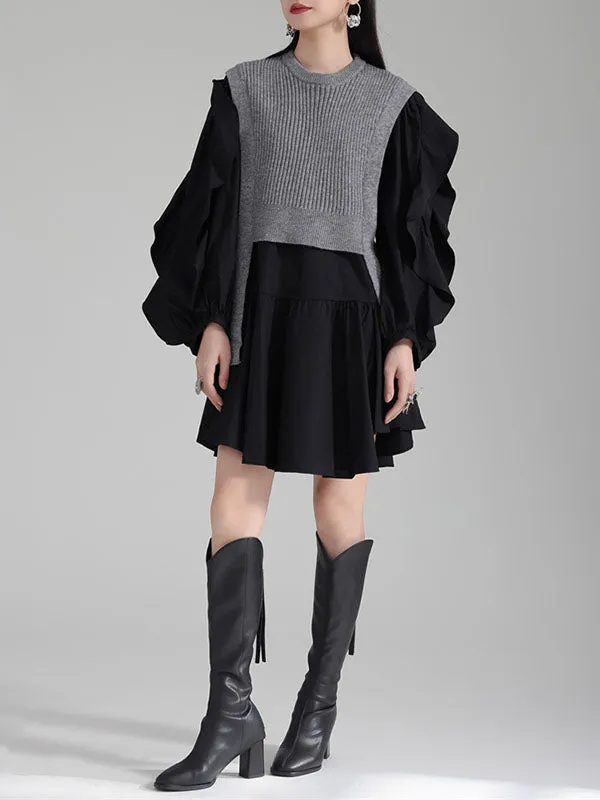 xakxx Long Sleeves Loose Ruffled Split-Joint Round-Neck Inner Mini Shirt Dress   Outer Vest Two Pieces Set
