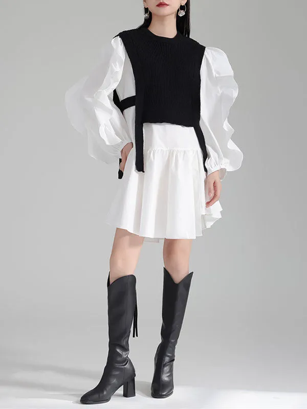xakxx Long Sleeves Loose Ruffled Split-Joint Round-Neck Inner Mini Shirt Dress   Outer Vest Two Pieces Set