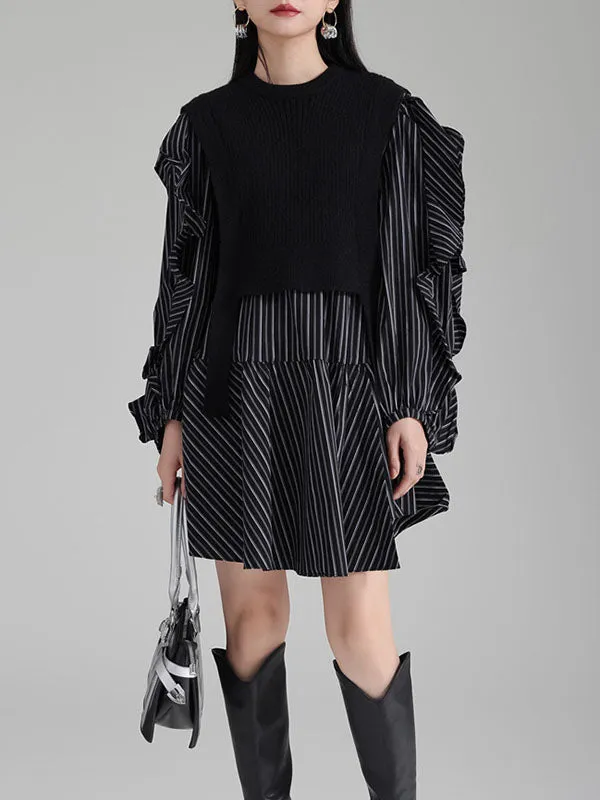xakxx Long Sleeves Loose Ruffled Split-Joint Round-Neck Inner Mini Shirt Dress   Outer Vest Two Pieces Set