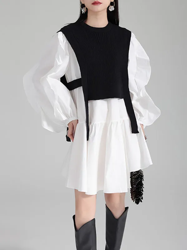 xakxx Long Sleeves Loose Ruffled Split-Joint Round-Neck Inner Mini Shirt Dress   Outer Vest Two Pieces Set