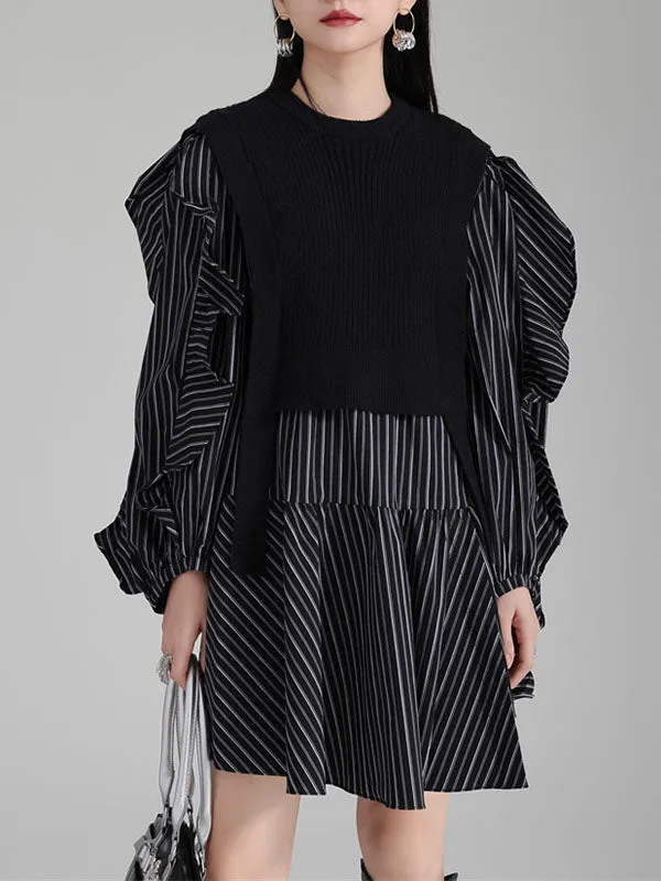 xakxx Long Sleeves Loose Ruffled Split-Joint Round-Neck Inner Mini Shirt Dress   Outer Vest Two Pieces Set