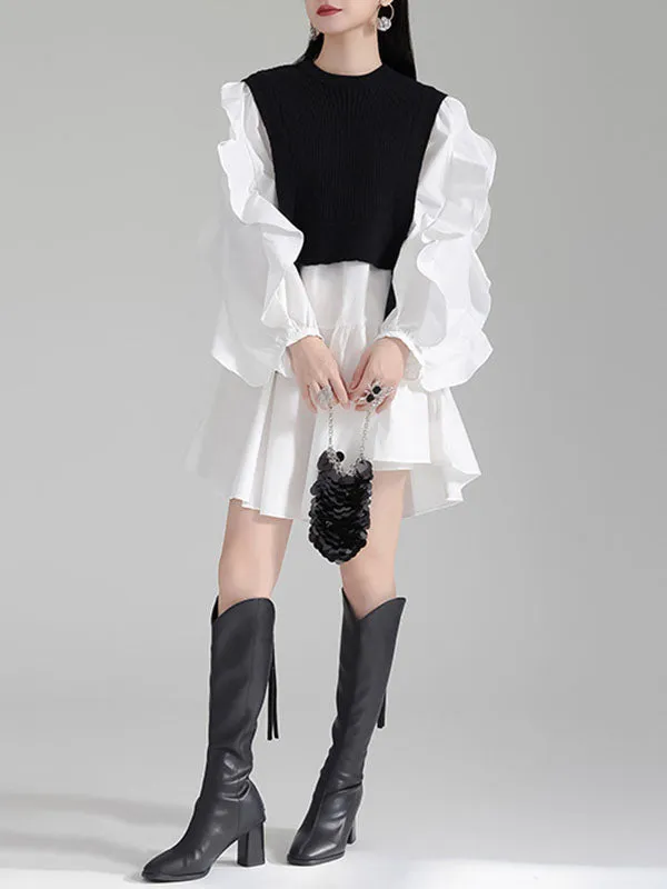 xakxx Long Sleeves Loose Ruffled Split-Joint Round-Neck Inner Mini Shirt Dress   Outer Vest Two Pieces Set