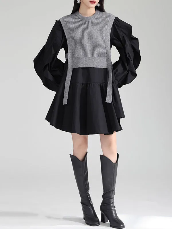 xakxx Long Sleeves Loose Ruffled Split-Joint Round-Neck Inner Mini Shirt Dress   Outer Vest Two Pieces Set
