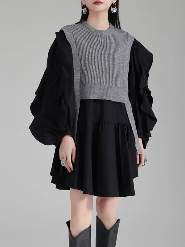 xakxx Long Sleeves Loose Ruffled Split-Joint Round-Neck Inner Mini Shirt Dress   Outer Vest Two Pieces Set