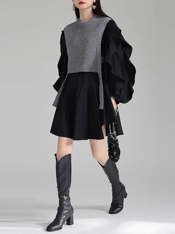 xakxx Long Sleeves Loose Ruffled Split-Joint Round-Neck Inner Mini Shirt Dress   Outer Vest Two Pieces Set