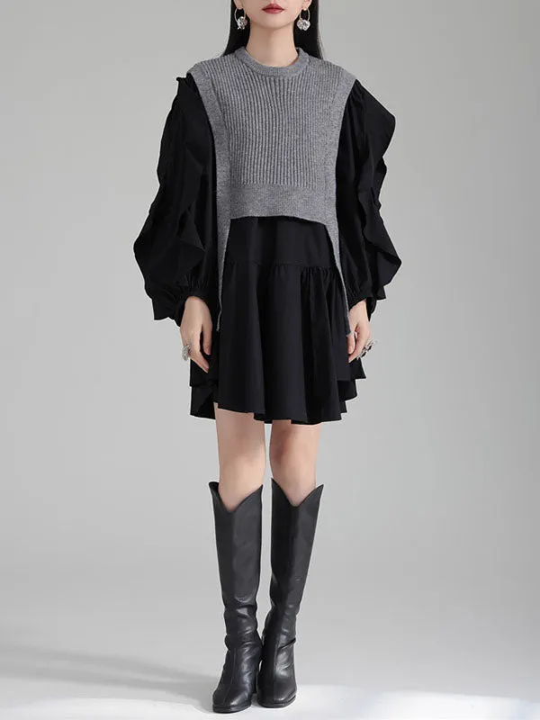 xakxx Long Sleeves Loose Ruffled Split-Joint Round-Neck Inner Mini Shirt Dress   Outer Vest Two Pieces Set