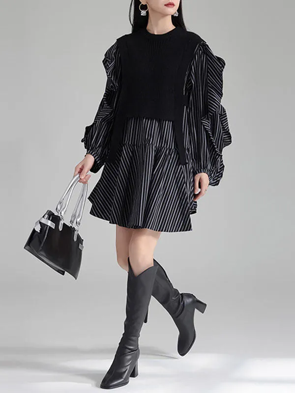 xakxx Long Sleeves Loose Ruffled Split-Joint Round-Neck Inner Mini Shirt Dress   Outer Vest Two Pieces Set