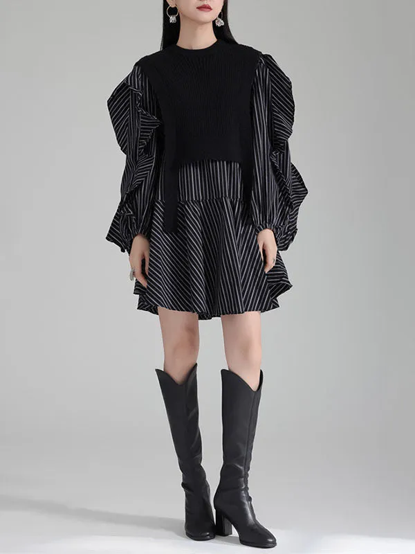 xakxx Long Sleeves Loose Ruffled Split-Joint Round-Neck Inner Mini Shirt Dress   Outer Vest Two Pieces Set