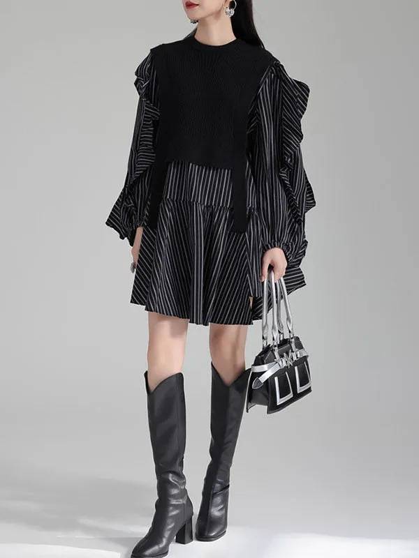 xakxx Long Sleeves Loose Ruffled Split-Joint Round-Neck Inner Mini Shirt Dress   Outer Vest Two Pieces Set