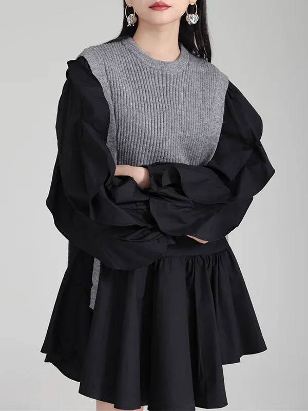 xakxx Long Sleeves Loose Ruffled Split-Joint Round-Neck Inner Mini Shirt Dress   Outer Vest Two Pieces Set