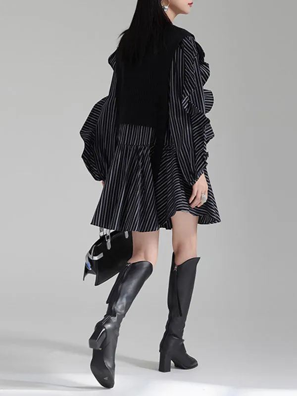xakxx Long Sleeves Loose Ruffled Split-Joint Round-Neck Inner Mini Shirt Dress   Outer Vest Two Pieces Set
