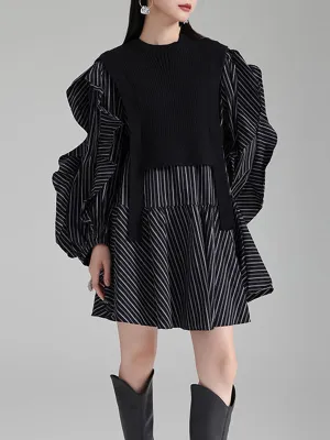 xakxx Long Sleeves Loose Ruffled Split-Joint Round-Neck Inner Mini Shirt Dress   Outer Vest Two Pieces Set